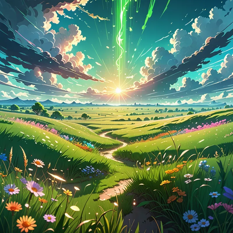 Spirit Wind Prairie - A beautiful magical prairie in anime style, expansive green plains with flowing grass, tiny glowing spirits drifting through the air, sunlight beams breaking through clouds, colorful flowers, fantasy world aesthetic, detailed and atmospheric - AI image generated with Fictional