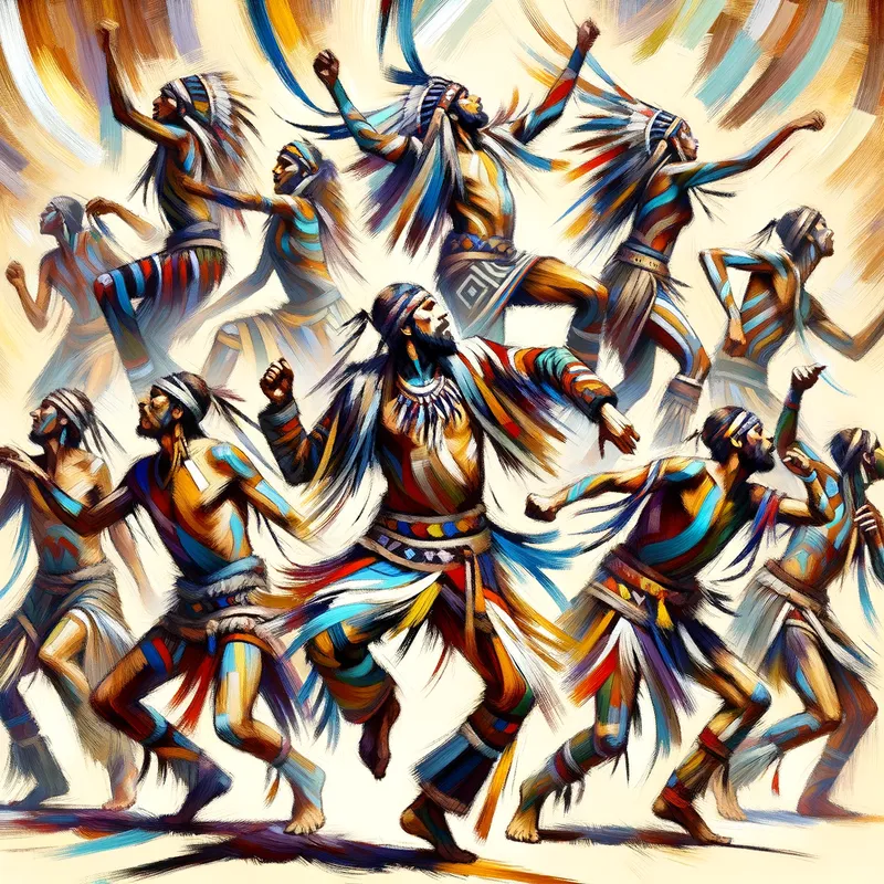 Spiritual Dance - Dynamic figures in mid-dance, their bodies adorned with Gaudiano-esque tribal patterns, capturing the energy and spirituality of a tribal ritual. - AI image generated with Art