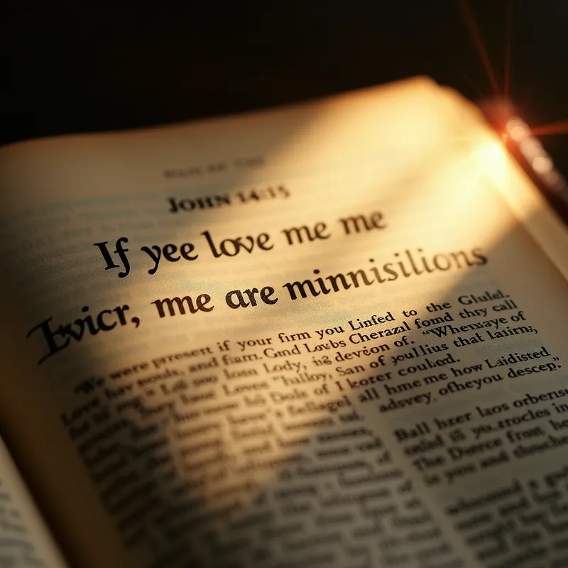 Spiritual Guidance - Close-up view of an old book's page, displaying the verse John 14:15: If ye love me, keep my commandments, under a radiant stream of light, symbolizing enlightenment and holiness. - AI image generated with Photorealistic 2