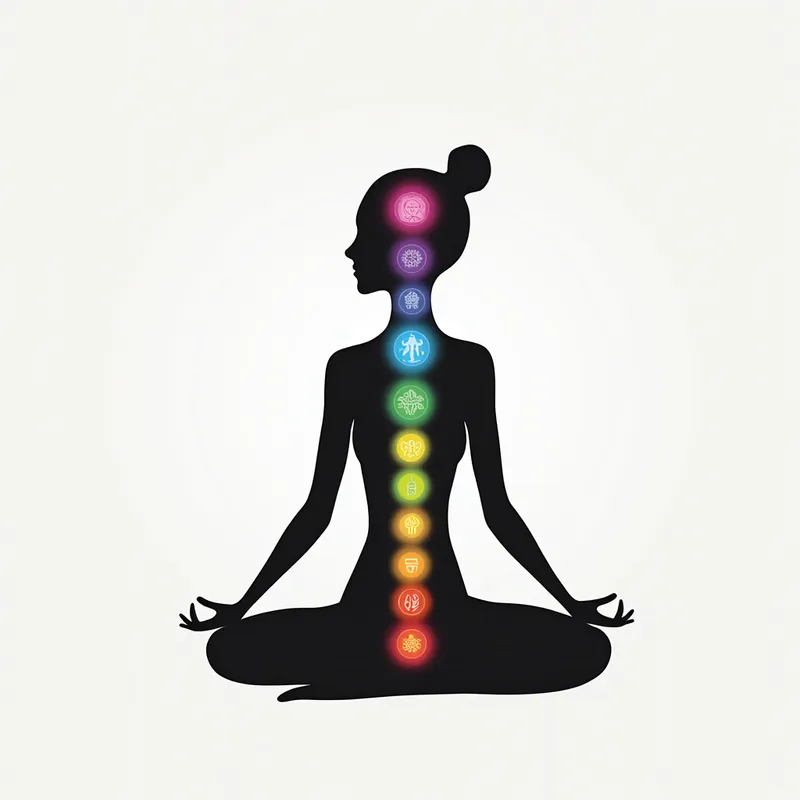Spiritual Spectrum - A side profile of a sitting figure in a minimalist style. The chakras are depicted with bright, bold colors, flowing smoothly from the base of the spine to the crown of the head, each with its respective symbol. - AI image generated with Photorealistic 2