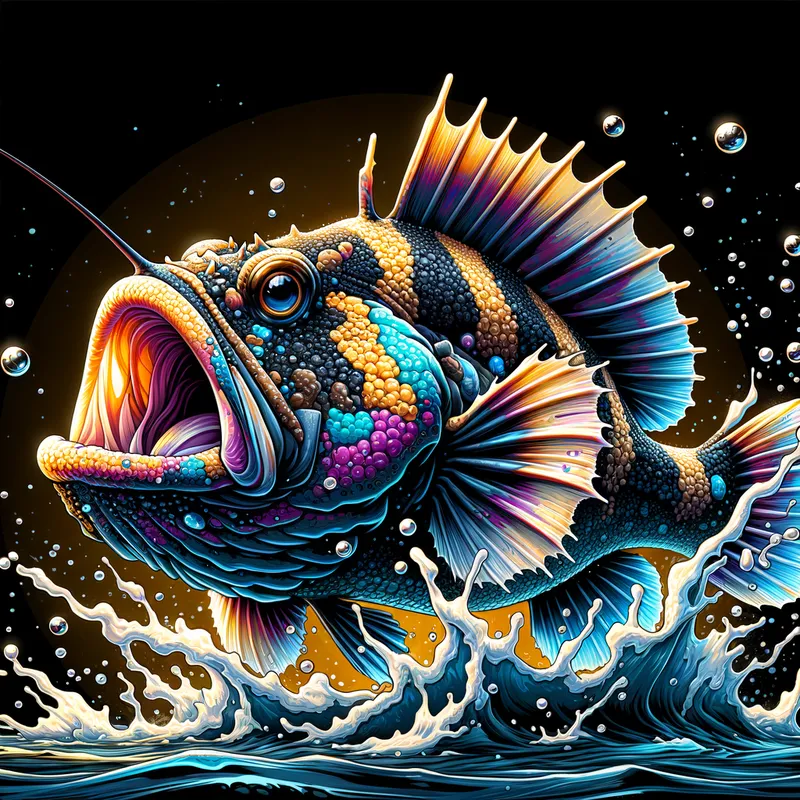 Splash Encounter - Create a cartoonish realistic anglerfish splashing out of the water, realistic colors on the skin of the fish is highly detailed and intricate detailing throughout, caustic lighting, scales effects, black background, energetic, fun, realistic, movement, pop art, 3d 4k, ● - AI image generated with Art - cartoony
