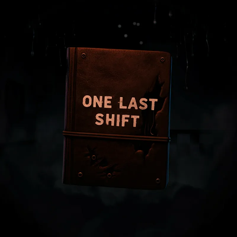 Spooky FNAF Journal - A very small and worn-out journal with the title 'One Last Shift' on it. It is set against a dark, atmospheric background, evoking the chilling vibe of a Five Nights at Freddy's fan game. - AI image generated with Imagen 3