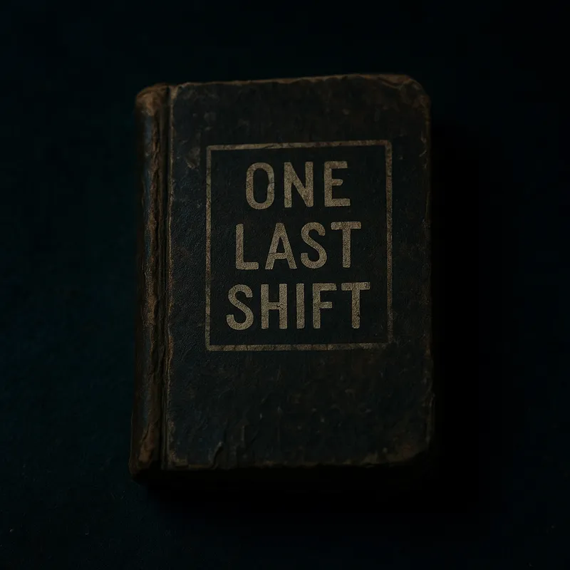Spooky FNAF Journal - A very small and worn-out journal with the title 'One Last Shift' on it. It is set against a dark, atmospheric background, evoking the chilling vibe of a Five Nights at Freddy's fan game. - AI image generated with GPT Image