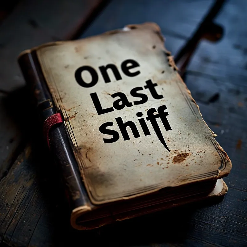 Spooky FNAF Journal - A very small and worn-out journal with the title 'One Last Shift' on it. It is set against a dark, atmospheric background, evoking the chilling vibe of a Five Nights at Freddy's fan game. - AI image generated with Nova Canvas