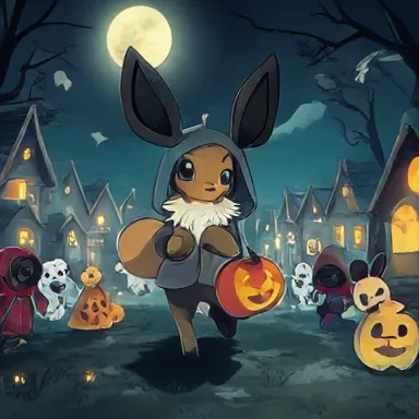 Spooky Night Out - Eevee in an adorably spooky Umbreon costume, trick-or-treating in a small, ghostly village under a full moon. The village is filled with other Pokemon in costumes, drawn in a Pokemon anime art style.