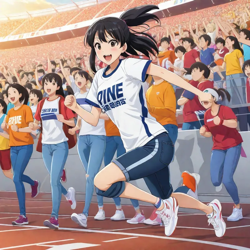 Sporty Anime Style - An energetic anime character outfitted in a sporty t-shirt, athletic jeans, and running sneakers. The background features a lively sports arena with cheering fans. - AI image generated with Stable Diffusion XL