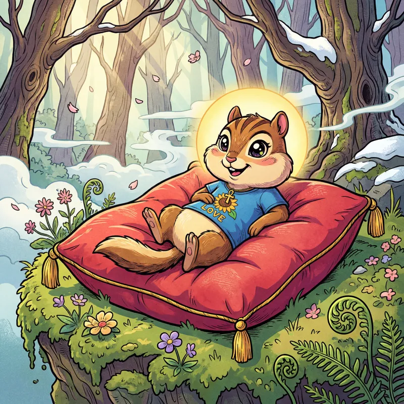 Spring Awakening in the Forest - In a vibrant forest where winter is just ending, a cheerful chipmunk with big sparkling eyes lounges on an oversized, red pillow adorned with golden tassels at the corners. The pillow sits atop emerald grass where wildflowers and new plant life begin to sprout. Sunlight bathes the area while trees in the backdrop shake off the last of winter's hold. The chipmunk, sporting a glowing aura, an ankh necklace, and a 'love' t-shirt with a sunflower motif, radiates calm as he engages in mindful relaxation, giving the scene an enchanting, ethereal atmosphere. - AI image generated with 4K Pro - vivid colors, cartoony, ukiyo-e