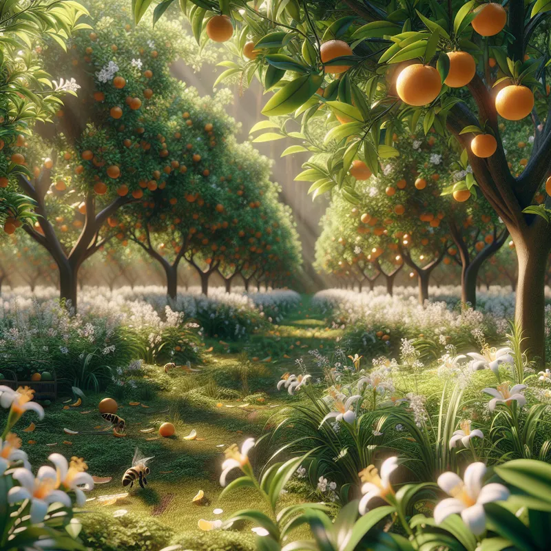 Spring Blossom Grove - A photorealistic scene of a tangerine grove in spring, with tangerine flowers in full bloom and a few forming fruits, bees buzzing around. - AI image generated with DALL-E 3