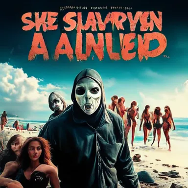 Spring Break Terror - A chilling slasher film poster showing masked men with eerie expressions, lurking on the shore as a group of vibrant spring breakers enjoy their beach party in the foreground.