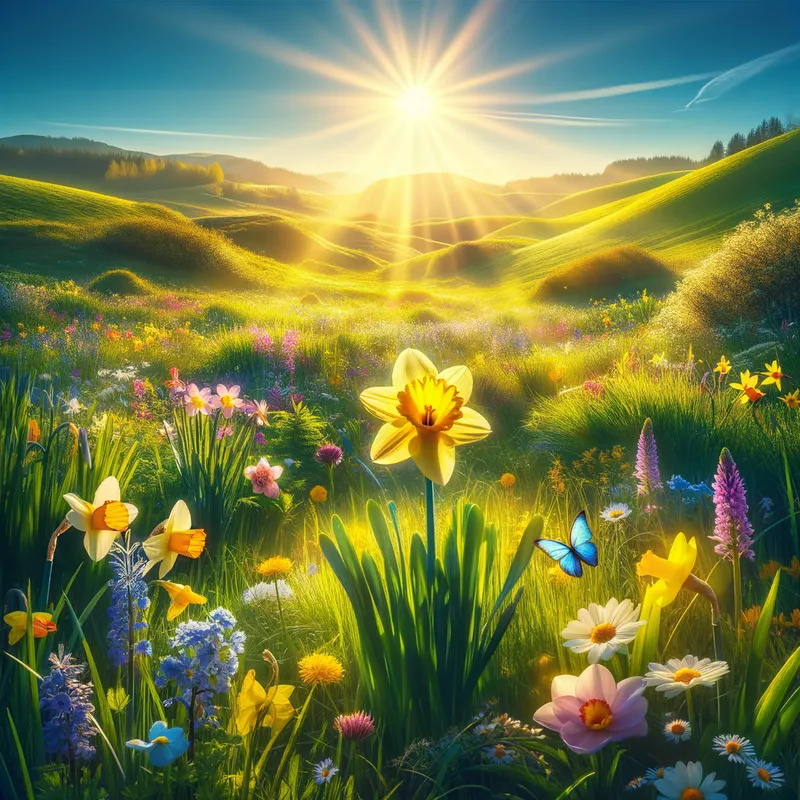 Spring Meadow Bliss - A vibrant and serene meadow bathed in sunlight. The scene is adorned with a variety of wildflowers, with a prominent daffodil standing out amidst the green grass. The clear blue sky above and distant hills add to the tranquil atmosphere, capturing the essence of a perfect spring day. - AI image generated with Art