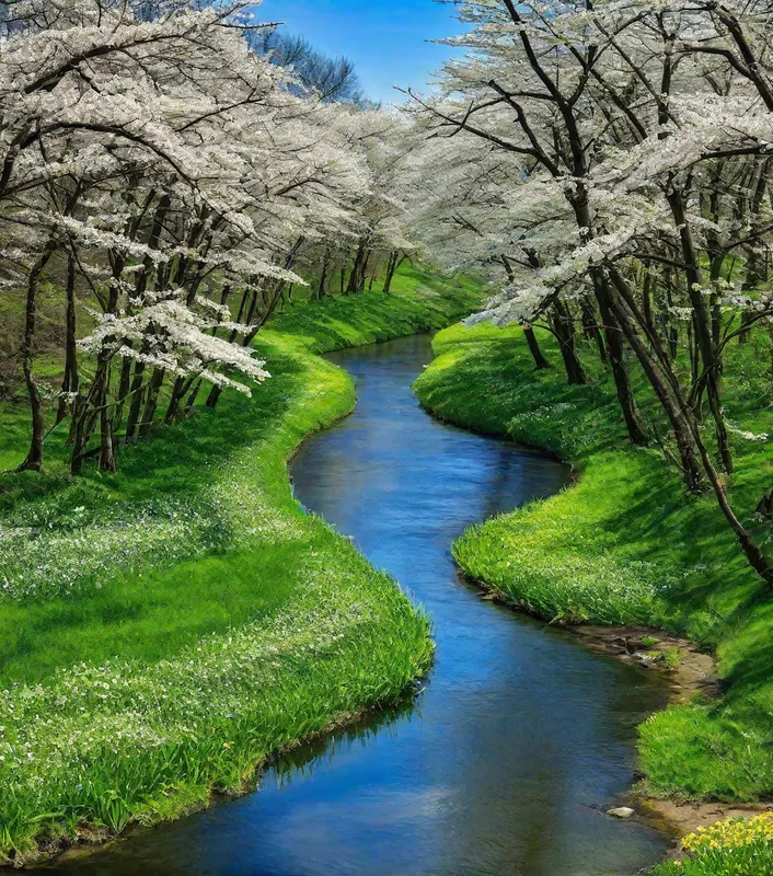Spring River Beauty - beautiful river in spring - AI image generated with Photorealistic