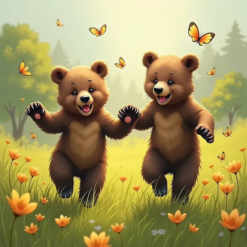 Springtime Cub Antics - Two young bear cubs joyfully prancing and romping through a vibrant, green prairie, with butterflies fluttering around them. - AI image generated with Photorealistic 2