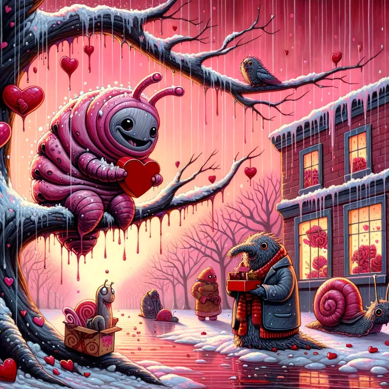 Springtime Love - Rainy day and Valentine's Day that is david wiesner inspired with pink and red colors and tone of seasons outside with a happy caterpillar on a branch in a tree holding a Valentine and a snail with a jacket on eating a box of chocolates - AI image generated with Art - gouache technique, cartoony, Van Gogh