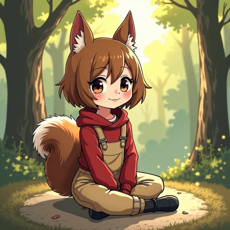 Squirrel Ballerina in the Forest - A beautiful ballerina with silk hair, wearing a red sweater, beige leather coveralls, and black ballet pointe shoes. She has squirrel ears and a fluffy squirrel tail. She is sitting on the ground in a forest, illustrated in a digital art anime style. - AI image generated with Photorealistic 2 - alcohol ink, colorful, cartoony