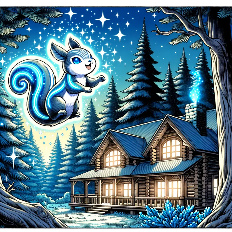 Squirrel Trails at Dawn - An enchanting colored manga style artwork of a serene log cabin nestled among tall trees at the break of dawn. Adorable squirrel creatures with luminous blue stripes playfully dart around, leaving a sparkling trail behind them. - AI image generated with Art - dark tones, night lighting