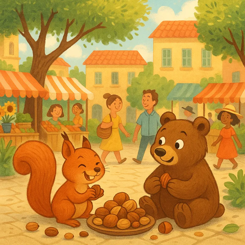 Squirrel and Bear's Nutty Adventure - An imaginative depiction of a cheerful plaza where a playful squirrel and a curious bear are sitting together, enjoying a variety of nuts. The surroundings are filled with greenery, market stalls, and cheerful passersby. - AI image generated with GPT Image