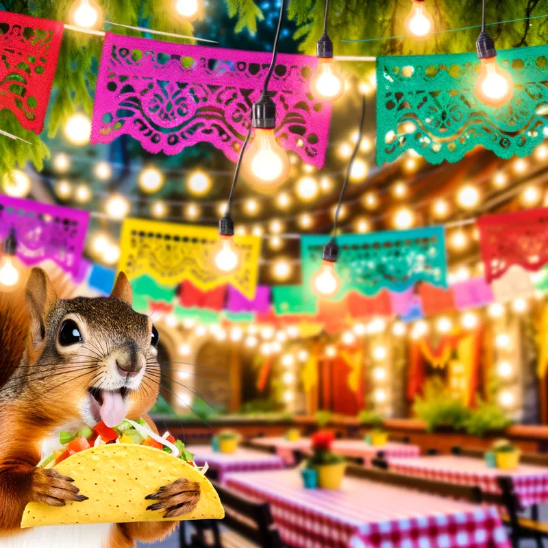 Squirrel's Taco Delight - A happy squirrel savoring a taco in a lively open-air restaurant setting, with colorful banners and fairy lights hanging above. - AI image generated with Art
