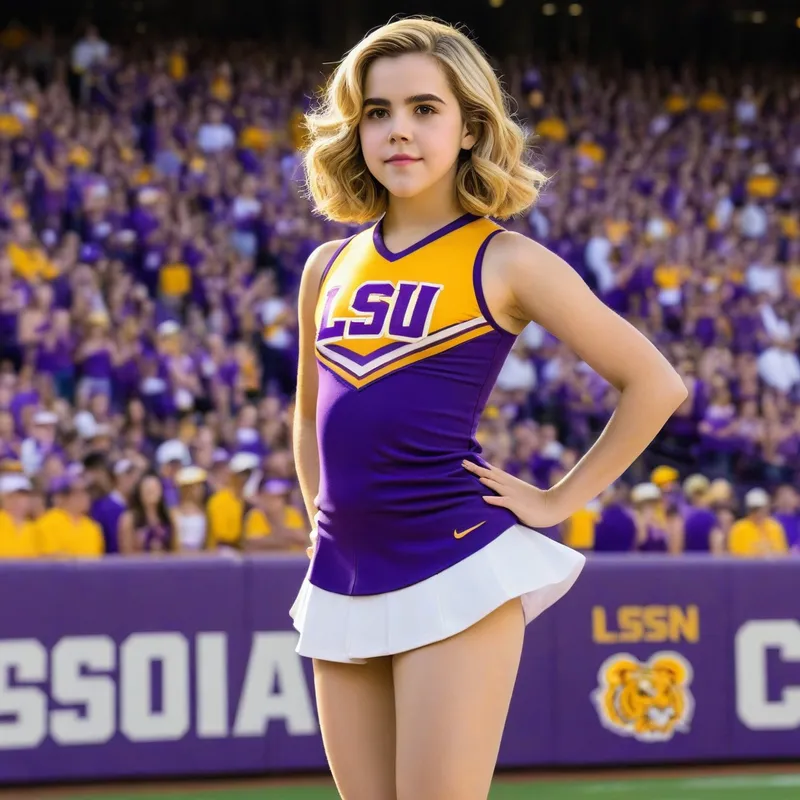Stadium Glitz - This image features Kiernan Shipka in a majestic cheerleader display inside LSU's Tiger Stadium. Her full-body pose exudes high glamor, draped in an LSU cheerleader uniform visually enhanced by a sheer texture and the glistening of shiny, silky fabric. The attire is paired with glistening suntan pantyhose and essential 5.5-inch ebony black high-heeled stilettoes. Climaxing the moment, she is captured holding pompoms, her lips a vibrant red, long earrings swaying, with her hair perfectly gathered into a ponytail, signifying the spirit of the game. - AI image generated with Photorealistic