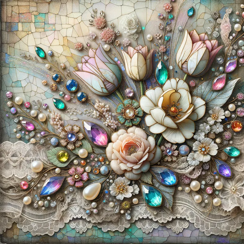 Stained Glass Bouquet - Vintage picture of tulips, roses, and lillies that look like they are made of stained glass, lace and some glitter made with precious stones petals and leaves with different sizes of water glittery pearls and colorful diamonds scattered in and around the flowers.light blue, light purple and white Lace strips with intricate details flowing through in and out of the flowers. a crackled grungy look with lots of details for the background  - AI image generated with Art - abstract, pastel colors, stained glass image