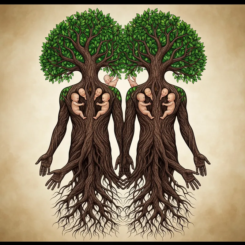 Stained-Glass Tree of Life: Couple - A  human male and female body is a tree stretching upward with deep roots. Their age is approximately 60 years old. Four babies are born within the branches. Growing throughout the branches as if part of the tree.  which is looked after, watered, and the crown is  beautiful.  Roots and hands like branches, extremely detailed, very attractive.  - AI image generated with Imagen 4 Fast - over-the-shoulder, stained glass image