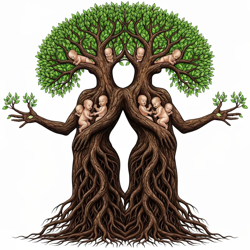 Stained-Glass Tree of Life: Couple - A  human male and female body is a tree stretching upward with deep roots. Their age is approximately 60 years old. Four babies are born within the branches. Growing throughout the branches as if part of the tree.  which is looked after, watered, and the crown is  beautiful.  Roots and hands like branches, extremely detailed, very attractive.  - AI image generated with Imagen 4 Fast - over-the-shoulder, stained glass image