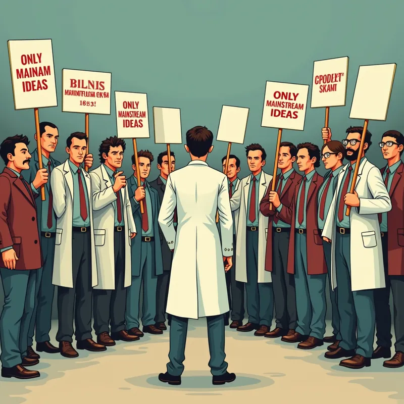 Stand Against Conformity - A lone scientist, defiant and concerned, stands before a group of antagonistic scientists. The group wields signs saying 'ONLY MAINSTREAM IDEAS,' their faces marked with disdain. - AI image generated with Photorealistic 2