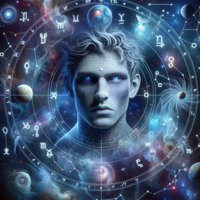 Stargazer's Gaze - An ethereal image showcasing a figure deeply immersed in the mysteries of the night sky, surrounded by astrological elements and constellations. - AI image generated with Art