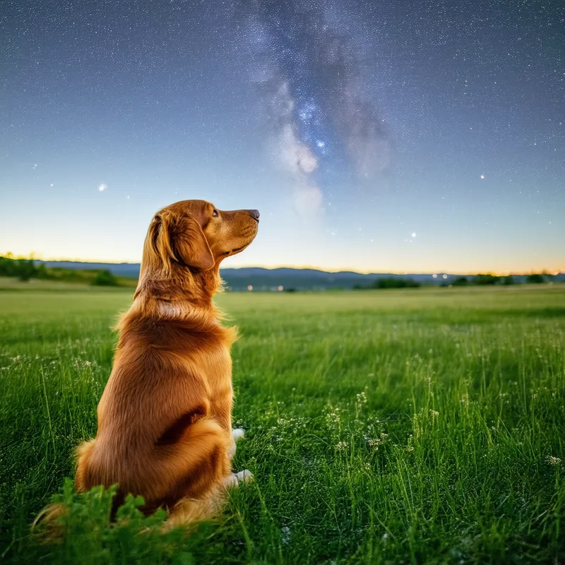 Stargazing Caramel Dog - An image of a caramel-colored dog sitting peacefully while looking up at a clear, starry night sky. The dog has a feeling of wonder in its eyes as it gazes at the twinkling stars above. The scene is set in an open field with soft grass and a serene atmosphere, highlighting the quiet beauty of the moment.