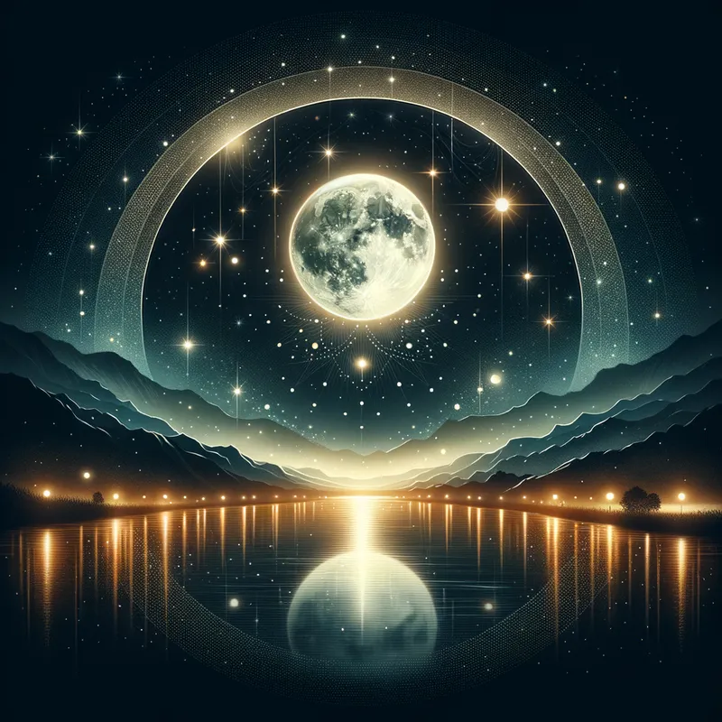 Starlight Reflection - A serene nightscape showcasing a velvet black sky sprinkled with sparkling stars and a luminous moon. The moonlight casts a gentle radiance on a calm body of water, creating a perfect reflection. - AI image generated with Art - double exposure, typography drawing