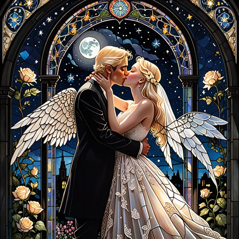 Starlit Angelic Union - A romantic image of a radiant blonde-winged angel in a lacy white wedding dress and a dark-haired, pallid man in a classic black suit. They share a kiss beneath an arbor blooming with flowers, backed by intricate stained glass artwork. Above this intimate moment, a full moon peers in through a window set in a starry sky. - AI image generated with Fictional