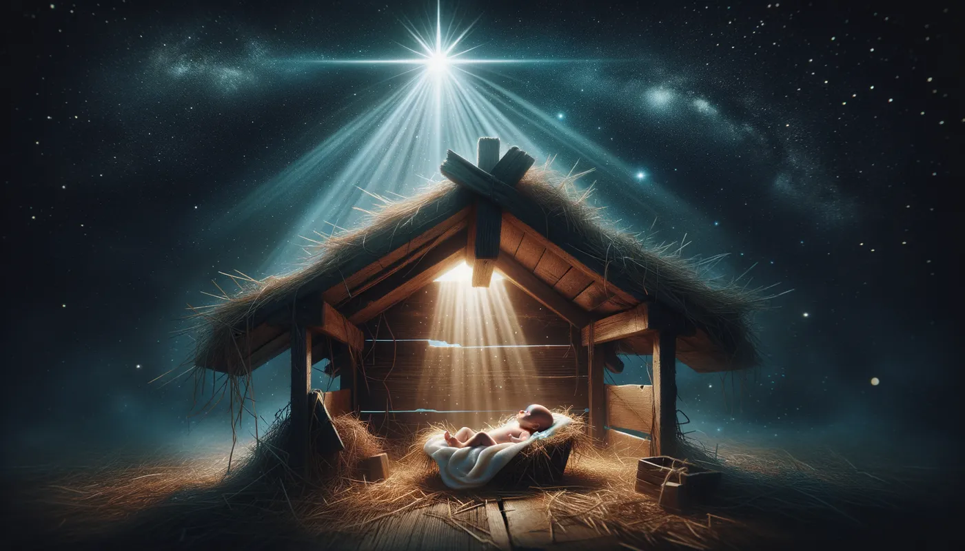 Starlit Bethlehem Nativity - An artistic representation of the nativity scene, with baby Jesus lying in a wooden manger, the bright star of Bethlehem shining above. - AI image generated with Art