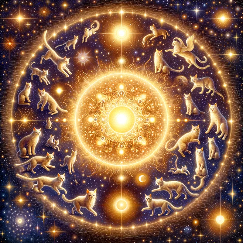 Starlit Cat Chronicles - A mystical artwork depicting a bright sun encircled by twinkling stars, while mysterious cats traverse through the starlit sky in various playful poses. - AI image generated with Art