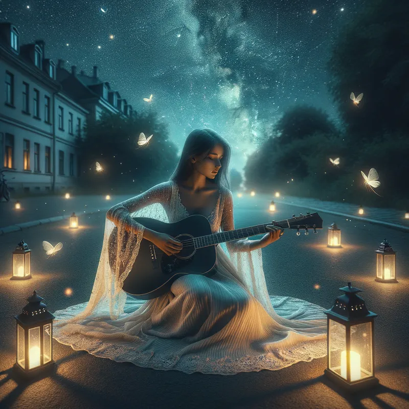 Starlit Serenade Guitarist - A beautiful girl playing an acoustic guitar under a starry night sky, surrounded by softly glowing lanterns and fireflies, evoking a sense of wonder and serenity. - AI image generated with Art - deserted street at night