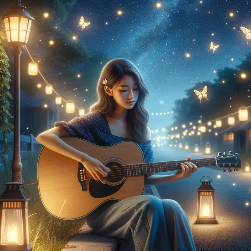 Starlit Serenade Guitarist - A beautiful girl playing an acoustic guitar under a starry night sky, surrounded by softly glowing lanterns and fireflies, evoking a sense of wonder and serenity. - AI image generated with Art - deserted street at night