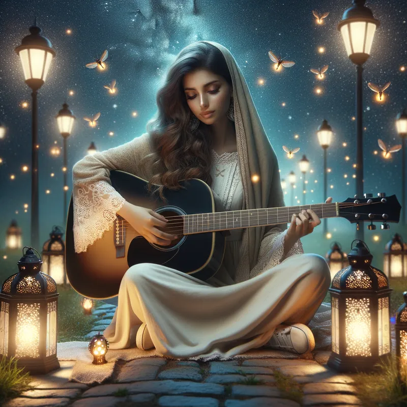 Starlit Serenade Guitarist - A beautiful girl playing an acoustic guitar under a starry night sky, surrounded by softly glowing lanterns and fireflies, evoking a sense of wonder and serenity. - AI image generated with Art - deserted street at night