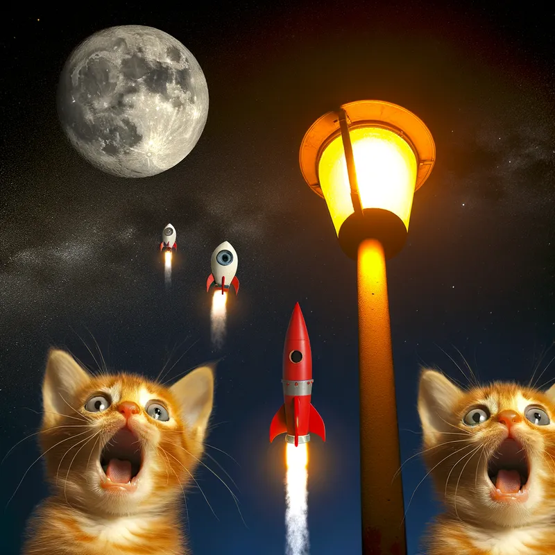 Starlit Surprise - A cinematic scene where kittens on Earth are astounded by a tiny rocket near the moon against a night sky. Their wide eyes and dropped jaws indicate disbelief. The warm streetlight glow contrasts beautifully with the coolness of the night sky, creating a scene full of detailed lighting and expressive emotions. - AI image generated with Art