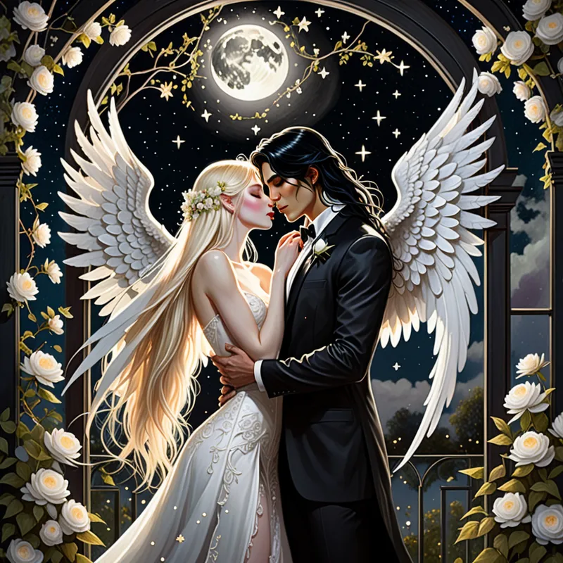 Starry Bridal Night - A delicate angelic bride with long blonde hair and white wings embraces a mysterious, pale groom with wild black hair and a sharp black suit. They stand under a blossoming arbor, locked in a kiss, while the full moon and stars shine brightly through a window above them. - AI image generated with Fictional - fantasy art