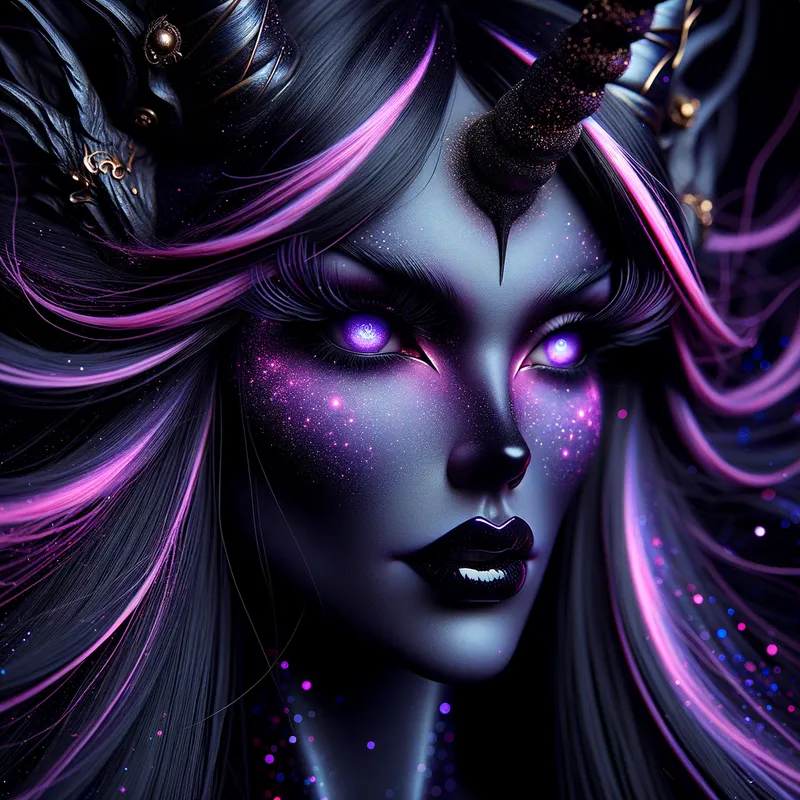 Starry Demoness - A demoness with a sleek, sharp face; vivid, glowing violet eyes; dark, inky eyeshadow dripping elegantly; and glossy, jet-black lips. Her ethereal hair of dark and vibrant pink strands floats weightlessly with cosmic lights and star-like specks. She adorns a black unicorn horn with golden accents and intricate metallic details. - AI image generated with Art