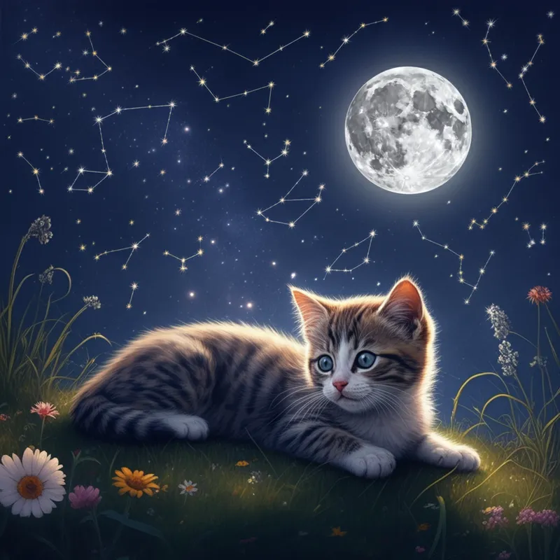 Starry Night with Kittens - A magical night scene of kittens lying on a grassy hill, gazing at the starry sky and the glowing moon, with a background of twinkling constellations. - AI image generated with Imagen 3