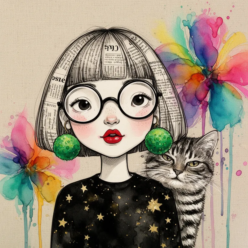 Starry Shirt & Striped Cat - A whimsical, unfinished hand-drawn storybook image: A girl with oversized round spectacles, bobbed hair made of newspaper cuttings, vibrant green pom-pom earrings, and a black shirt flecked with golden star patterns. Her lips are a vivid red, and a mischievous, fluffy striped cat peeks from behind her shoulder. The scene is set against a textured beige canvas with splashes of graffiti-style, colorful abstract flowers, with acrylic and ink overlays for a dreamy look. - AI image generated with Flux 2 - close-up, alcohol ink, watercolor