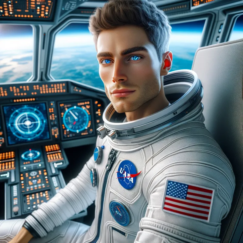 Starship Pilot - A tall blue-eyed astronaut in a clean white uniform featuring a UAEA badge, seated inside a sleek, modern spaceship cockpit, ready for an interstellar journey. - AI image generated with Art