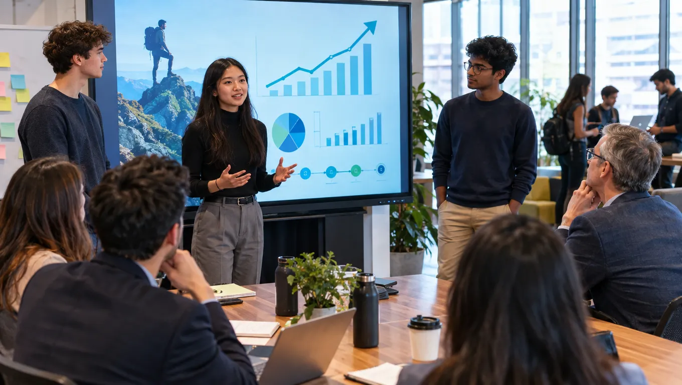 Startup Pitch Practice with Mentors - Ambitious college student entrepreneurs practicing investor pitches with experienced mentors, "Path to Success" slide with graphs on a big screen, startup accelerator energy, realistic photography, highly detailed, inspirational, no text, no logos. - AI image generated with GPT Image