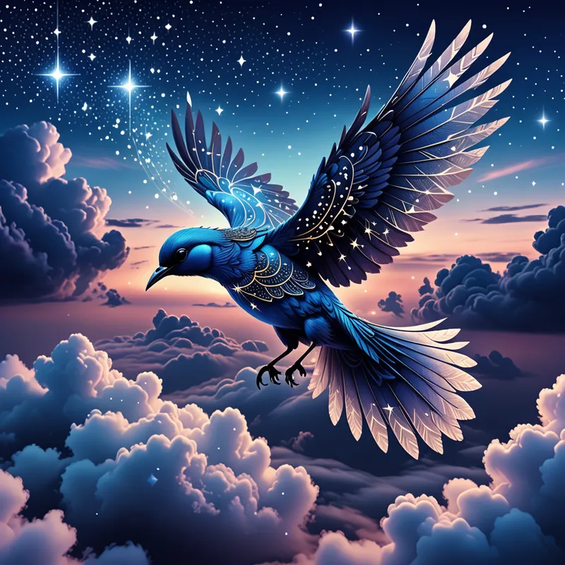 Starwing Sapphire Spirit - A mystical blue magical bird soaring high above the clouds at twilight, its wings infused with constellations and magical energy, creating a dreamy celestial fantasy scene. - AI image generated with Fictional
