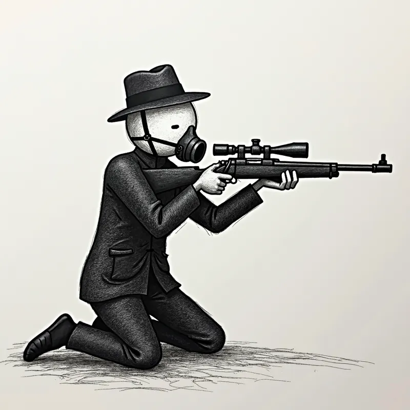 Stealthy Stick Figure - A pencil sketch on textured paper displaying a stick figure character with a simple round head and thin limbs. The character is dressed in a black trench coat and fedora hat, kneeling on one knee aiming a scoped rifle. The stick figure is also wearing a gas mask, with cross-hatched shading adding depth to the scene. - AI image generated with Photorealistic 2