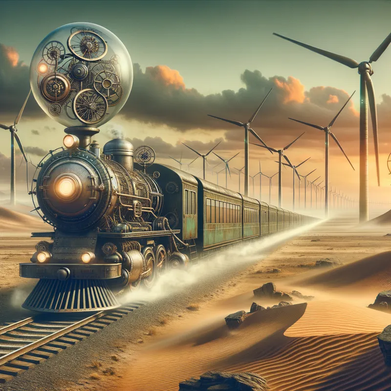 Steam-Powered Journey - A futuristic yet old-fashioned steampunk train traveling through an arid desert landscape, with the horizon dotted by windmills and mysterious mechanical inventions. - AI image generated with Art