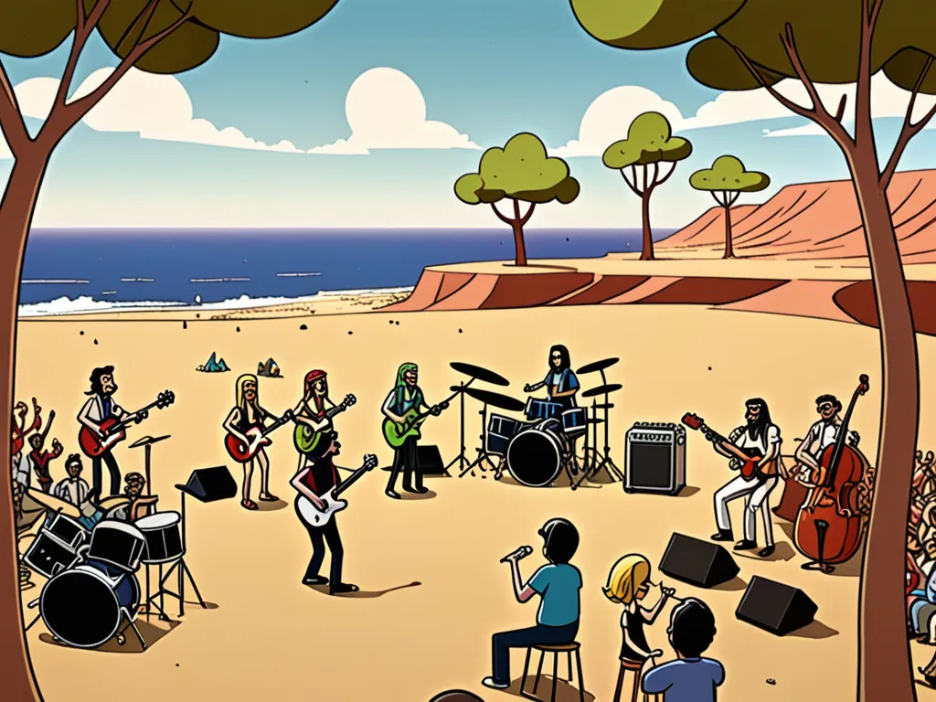 Steampunk Animal Band at Desert Sunset - A cartoon band playing on a cartoon desert with view of the distant sea. The band is positioned on the right side of the image, while the audience is positioned on the left. The band and the audience are on the same island. The sea is visible in the upper part of the image. On the far left and far right of the image are trees and nature. It is sunset, and the sky has menacing clouds with the name of the band written inside: "The Škripsters" There are four members of the band. One is playing the keyboard, one is playing a bass guitar, one drums and the last one the electric guitar. The musicians are the following animal characters: the electric guitarist is a goat, the bass player is a wolf, the drummer is a boar, and the keyboard player is the bear. All animals have anthropomorphic human characteristics in playing the instruments, and they are rugged. Their faces and bodies are scarred from the battle. The musicians wear rugged clothes. The style of the image is a combination of steam punk and organic nature. The musical instruments are connected with cables to musical amplifiers and the amplifiers have steam punk ornaments and pumps. The trees have steam punk ornaments. The band is playing in front of an audience and they are also animals with human characteristics, and they wear rugged clothes and are scarred and drinking and dancing. The animals in the audience are: a badger, a rat, a cat, a dog, a goat, a bear, a dormouse, a raven, a seagull, a crow, a bull and similar animals. All animals are rugged, brutal and suspicious about the world around them. The atmosphere is unsettling. - AI image generated with Fictional - Kaoru Yamada, aerial view