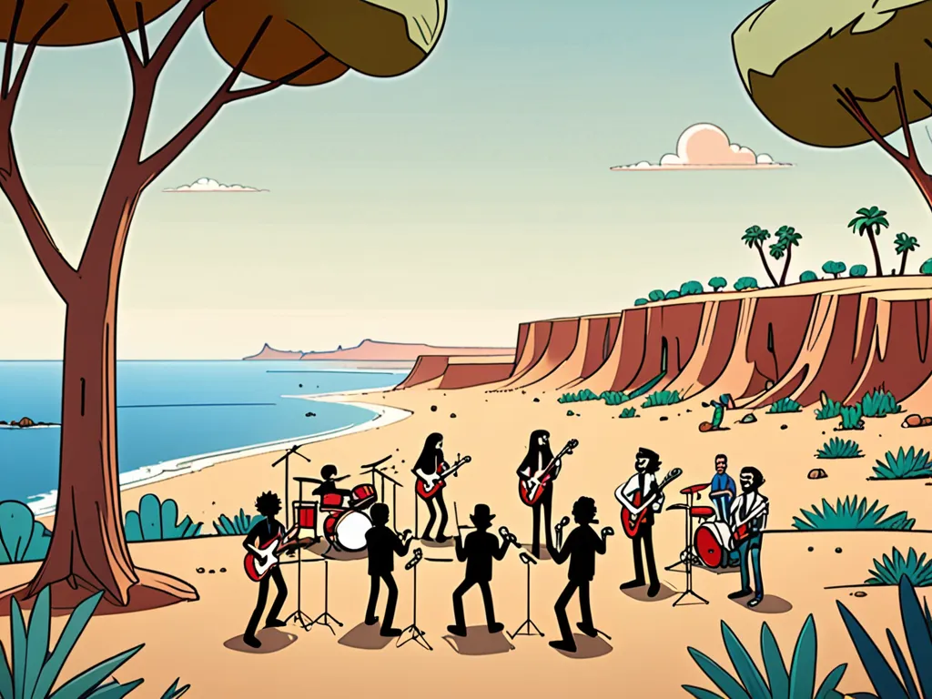 Steampunk Animal Band at Sunset Island - A cartoon band playing on a cartoon desert with view of the distant sea.  The band is positioned on the right side of the image, while the audience is positioned on the left. The band and the audience are on the same island. The sea is visible in the upper part of the image. On the far left and far right of the image are trees and nature. It is sunset, and the sky has menacing clouds with the name of the band written inside: "The Škripsters" There are four members of the band. One is playing the keyboard, one is playing a bass guitar, one drums and the last one the electric guitar. The musicians are the following animal characters: the electric guitarist is a goat, the bass player is a wolf, the drummer is a boar, and the keyboard player is the bear. All animals have anthropomorphic human characteristics in playing the instruments, and they are rugged. Their faces and bodies are scarred from the battle.  The musicians wear rugged clothes. The style of the image is a combination of steam punk and organic nature. The musical instruments are connected with cables to musical amplifiers and the amplifiers have steam punk ornaments and pumps. The trees have steam punk ornaments. The band is playing in front of an audience and they are also animals with human characteristics, and they wear rugged clothes and are scarred and drinking and dancing. The animals in the audience are: a badger, a rat, a cat, a dog, a goat, a bear, a dormouse, a raven, a seagull, a crow, a bull and similar animals. All animals are rugged, brutal and suspicious about the world around them. The atmosphere is unsettling.  - AI image generated with Fictional - ukiyo-e, bird's eye view