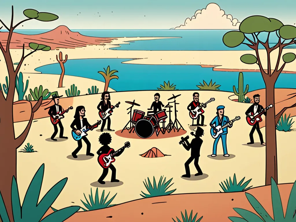 Steampunk Animal Band at Sunset Island - A cartoon band playing on a cartoon desert with view of the distant sea.  The band is positioned on the right side of the image, while the audience is positioned on the left. The band and the audience are on the same island. The sea is visible in the upper part of the image. On the far left and far right of the image are trees and nature. It is sunset, and the sky has menacing clouds with the name of the band written inside: "The Škripsters" There are four members of the band. One is playing the keyboard, one is playing a bass guitar, one drums and the last one the electric guitar. The musicians are the following animal characters: the electric guitarist is a goat, the bass player is a wolf, the drummer is a boar, and the keyboard player is the bear. All animals have anthropomorphic human characteristics in playing the instruments, and they are rugged. Their faces and bodies are scarred from the battle.  The musicians wear rugged clothes. The style of the image is a combination of steam punk and organic nature. The musical instruments are connected with cables to musical amplifiers and the amplifiers have steam punk ornaments and pumps. The trees have steam punk ornaments. The band is playing in front of an audience and they are also animals with human characteristics, and they wear rugged clothes and are scarred and drinking and dancing. The animals in the audience are: a badger, a rat, a cat, a dog, a goat, a bear, a dormouse, a raven, a seagull, a crow, a bull and similar animals. All animals are rugged, brutal and suspicious about the world around them. The atmosphere is unsettling.  - AI image generated with Fictional - Kaoru Yamada, ghibli