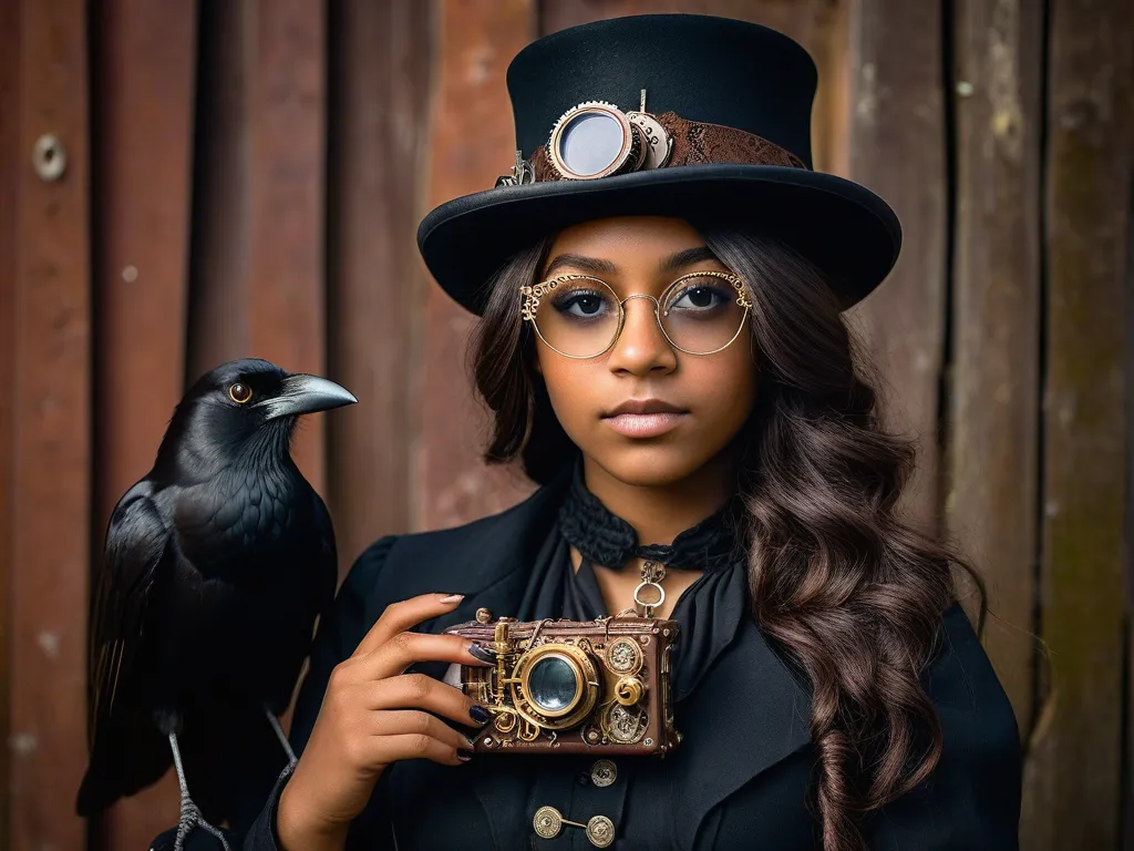 Steampunk Elysia's Legacy - Elysia, a brown-skin long shoulder length bouncy dark brown hair teenage black girl wearing a black top hat with steampunk big, goggled glasses over her brow sat beside the black crow, her hand holding a worn photo she is holding in her hands that had changed her life. She had found it nestled in a chest hidden in the shadows of the barn. The image was of her black great-grandmother, a metal worker.  - AI image generated with Photorealistic - aquarelle, surrealismus, sketching