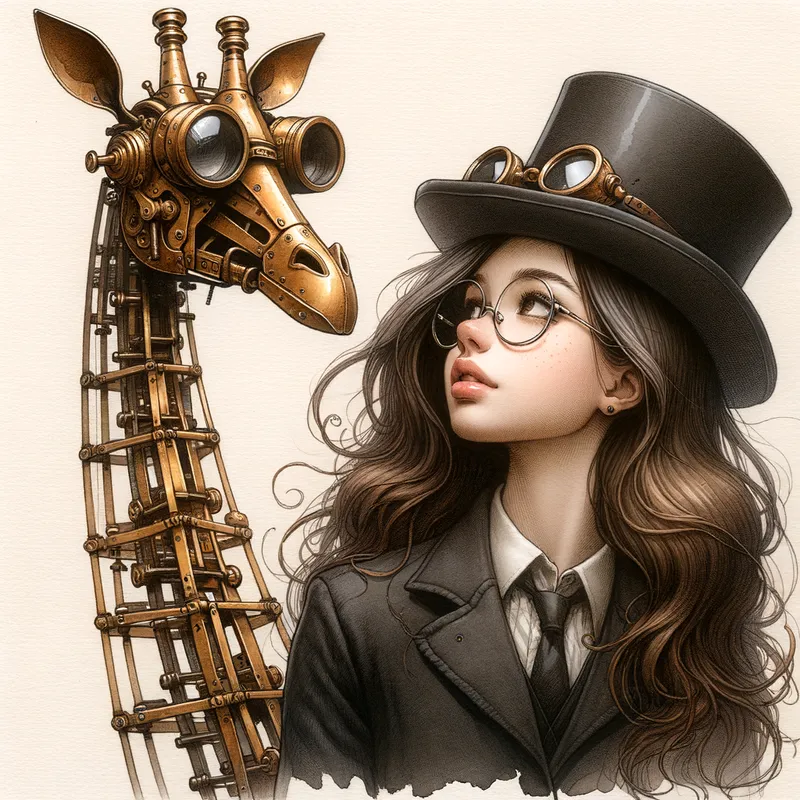 Steampunk Giraffe & Elys - Elysia, a medium brown-skin long shoulder length bouncy dark brown hair teenage black girl wearing a black top hat with steampunk big, goggled glasses over her brow as she stood next to a very tall mechanical giraffe made of brass, as she bent back her head to look at his face. - AI image generated with Art - aquarelle, sketching, surrealismus
